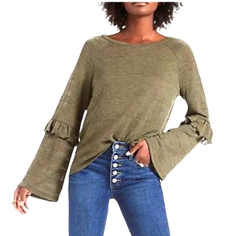 Lucky Brand Women's Olive Green Knit Ruffle Trim Flare Long Sleeve Top szS